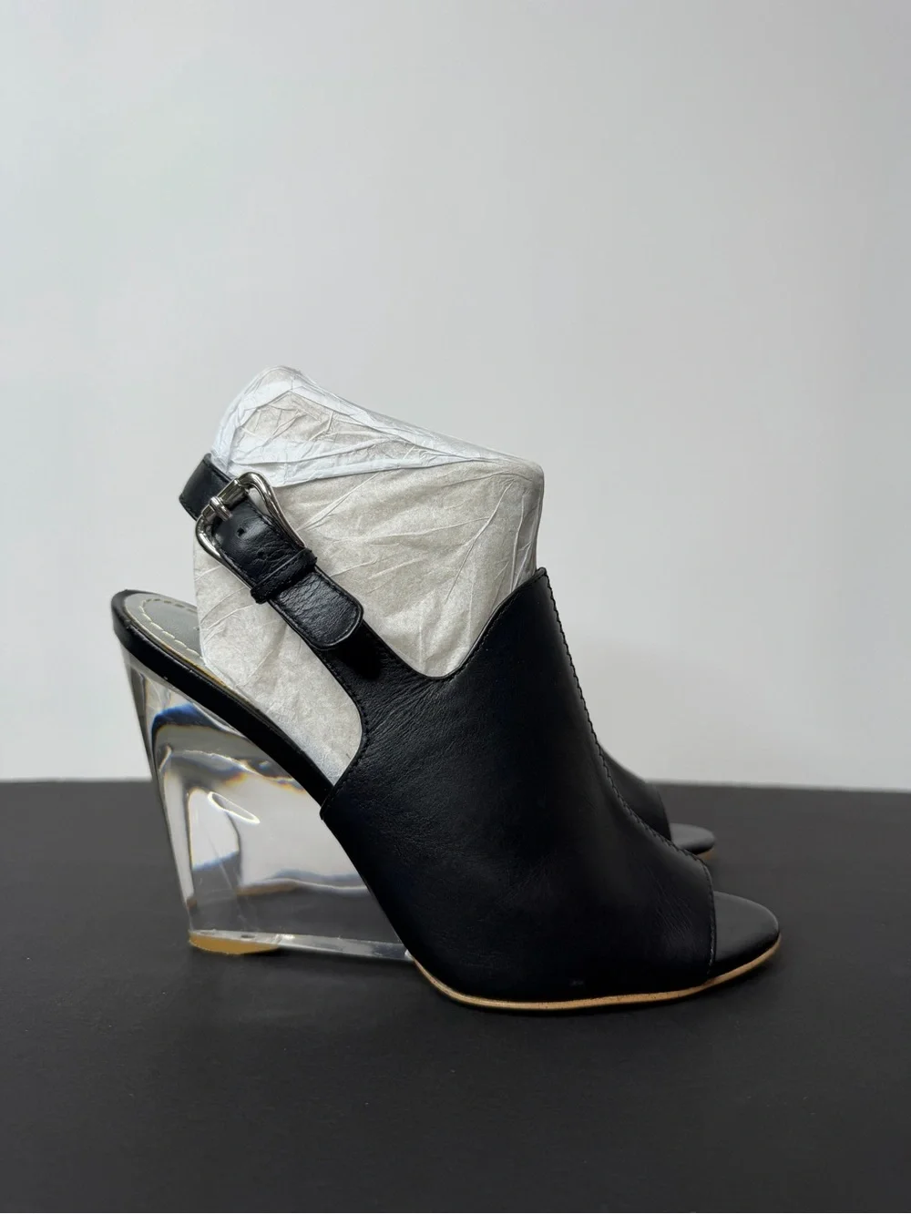 Nine West Black Leather Open-Wedge Slide Sandals with Clear Heel
